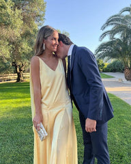 Sexy A line V Neckline Chiffon Yellow Backless Long Prom Dresses P1810