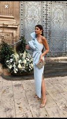 Sexy Sheath One Shoulder Light Sky Blue Long Prom Dresses P1811