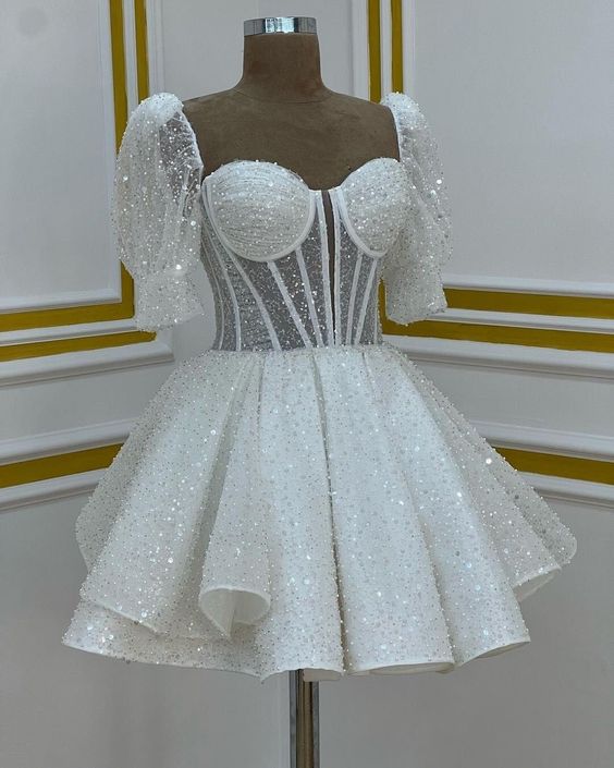 Sparkly A line Short Cocktail Dresses White Sequin 18th Birthday Outfits P1817
