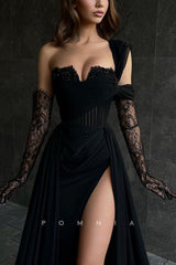 P1832 - Striking One Shoulder Chiffon A-Line High Split Prom Evening Formal Dress