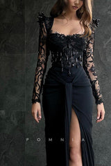 P1834 - Mermaid  Lace Long Sleeves Beaded Side Split Long Evening Formal Prom Dress