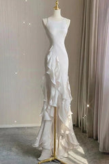 Simple Mermaid Prom Gown With Ruffles Spaghetti Straps Backless Prom Dress For Date P1847