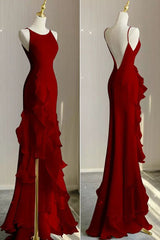 Simple Mermaid Prom Gown With Ruffles Spaghetti Straps Backless Prom Dress For Date P1847