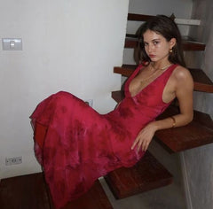 Beautiful Mermaid Prom Gown Red Floral Prom Dresses P1860