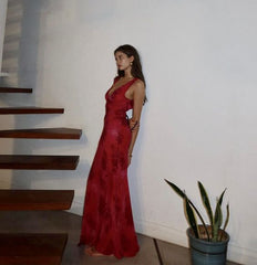 Beautiful Mermaid Prom Gown Red Floral Prom Dresses P1860