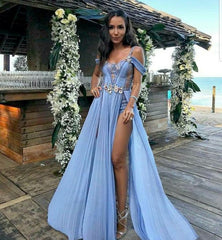 Sexy A Line Blue Prom Gown Long Lace Prom Dresses P1870