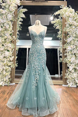 P1303 - Mermaid V-Neck Lace Appliques Sleeveless Long Formal Evening Prom Dress