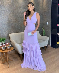 Gorgeous Mermaid V neckline Lilac Chiffon Prom Dress P1875