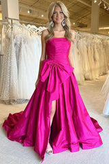 A-Line Strapless Light Blue Satin Long Prom Dress with Bow P1888