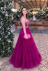 A-Line Long Embroidered Flower Sweethearts Tiered Tulle Prom Dress P1890