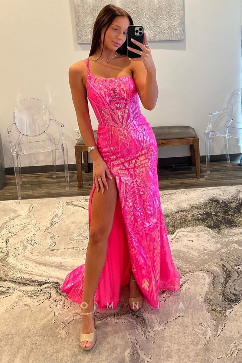 P1892 - Mermaid/Trumpet One Shoulder High Slit Sequins Appliques Long Prom Formal Dress
