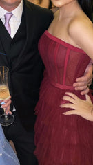 Ball Gown Long Strapless Tiered Tulle Burgundy Prom Dress P1896