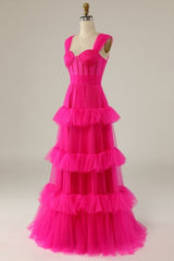 Hot Pink Sweetheart Multi Layers Tulle Prom Dresses Formal Dresses P1901