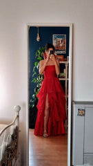 Ball Gown Tiered Burgundy Prom Dresses Slit Formal Dress P1907