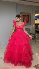 Hot Pink Tulle A-line Straps Long Evening Prom Dresses P1913
