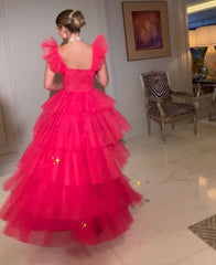 Hot Pink Tulle A-line Straps Long Evening Prom Dresses P1913