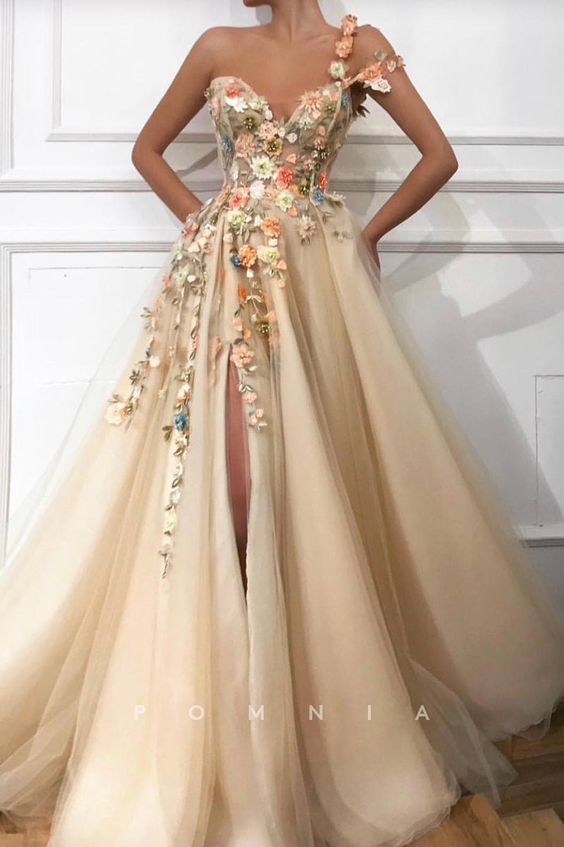 P1928 - Floral A-Line One Shoulder Appliques High Slit Sleeveless Pleated Evening Prom Dress