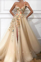 P1928 - Floral A-Line One Shoulder Appliques High Slit Sleeveless Pleated Evening Prom Dress