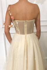 P1928 - Floral A-Line One Shoulder Appliques High Slit Sleeveless Pleated Evening Prom Dress