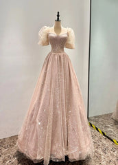Fairy A Line Square Neckline Pink Tulle Prom Dresses For Teens P1929