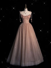 Fairy Ball Gown Straps Pink Tulle Prom Dresses Long Evening Dress P1940
