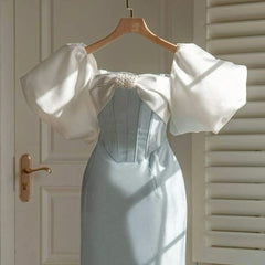 Vintage Sheath Light Sky Blue Satin Prom Dresses Evening Dress P1956