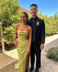 Simple Mermaid Strapless Green Slit Prom Dresses 22th Birthday Outfit P1979