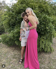 Sexy Sheath Straps Pink Slit Prom Dresses Evening Dress P2006