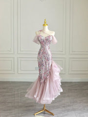 High Low Off The Shoulder Tulle Pink Tiered Prom Dresses Evening Dress P2037
