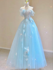 Fairy A line Blue Floral Prom Dresses Evening Dress P2057