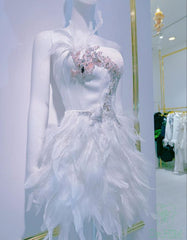 vintage a line white homecoming dress feather 18th birthday outfits P2068