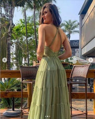 Sexy A Line Straps Sage Green Tulle Prom Dresses 21th Birthday Outfit P2102