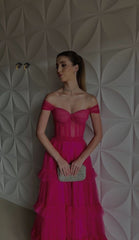 Sexy A line Long Hot Pink Tulle Prom Dress Party Dress 22th Birthday Outfits P2115
