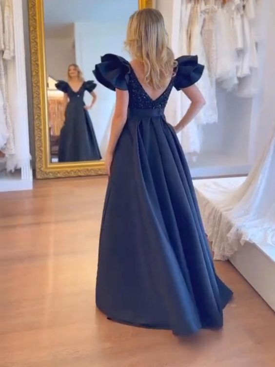 Sexy A line Long Navy Blue Prom Dress Party Dress 22th Birthday Outfits P2116