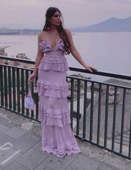 Elegant A line Long Lilac Chiffon Prom Dress 22th Birthday Outfits P2122