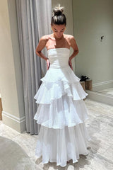 Elegant A line Long White Tiered Prom Dress 21th Birthday Outfits P2144