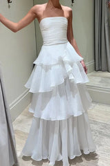 Vintage White Chiffon Strapless A-Line Tiered Prom Dress Party Dress Evening Dress HZ1024
