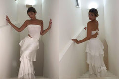 Elegant 2 Pieces Strapless Long White Tiered Prom Dress 21th Birthday Outfits P2146
