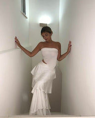 Elegant 2 Pieces Strapless Long White Tiered Prom Dress 21th Birthday Outfits P2146