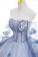 A line Long Sleeves Blue Tulle Prom Dress 21th Birthday Outfits P2185