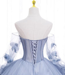 A line Long Sleeves Blue Tulle Prom Dress 21th Birthday Outfits P2185