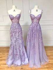 Simple Long Purple Lace Prom Dresses Evening Dress P2192
