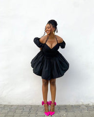 Sexy A line Off The Shoulder Short Sleeves Black Short Homecoming Dress P2247