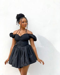 Sexy A line Off The Shoulder Short Sleeves Black Short Homecoming Dress P2247