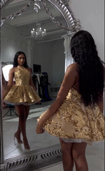 Cute A line Halter Sequin Short Gold Homecoming Dress P2267