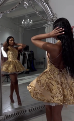 Cute A line Halter Sequin Short Gold Homecoming Dress P2267