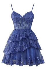Sexy A Line Lace Short Navy Blue Homecoming Dress P2277