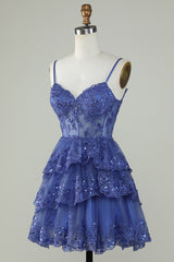 Sexy A Line Lace Short Navy Blue Homecoming Dress P2277