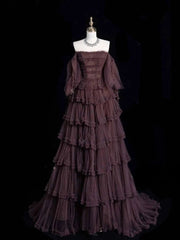 Chic Ball Gown Off The Shoulder Long Sleeves Evening Dress Tulle Long Prom Dresses P2340