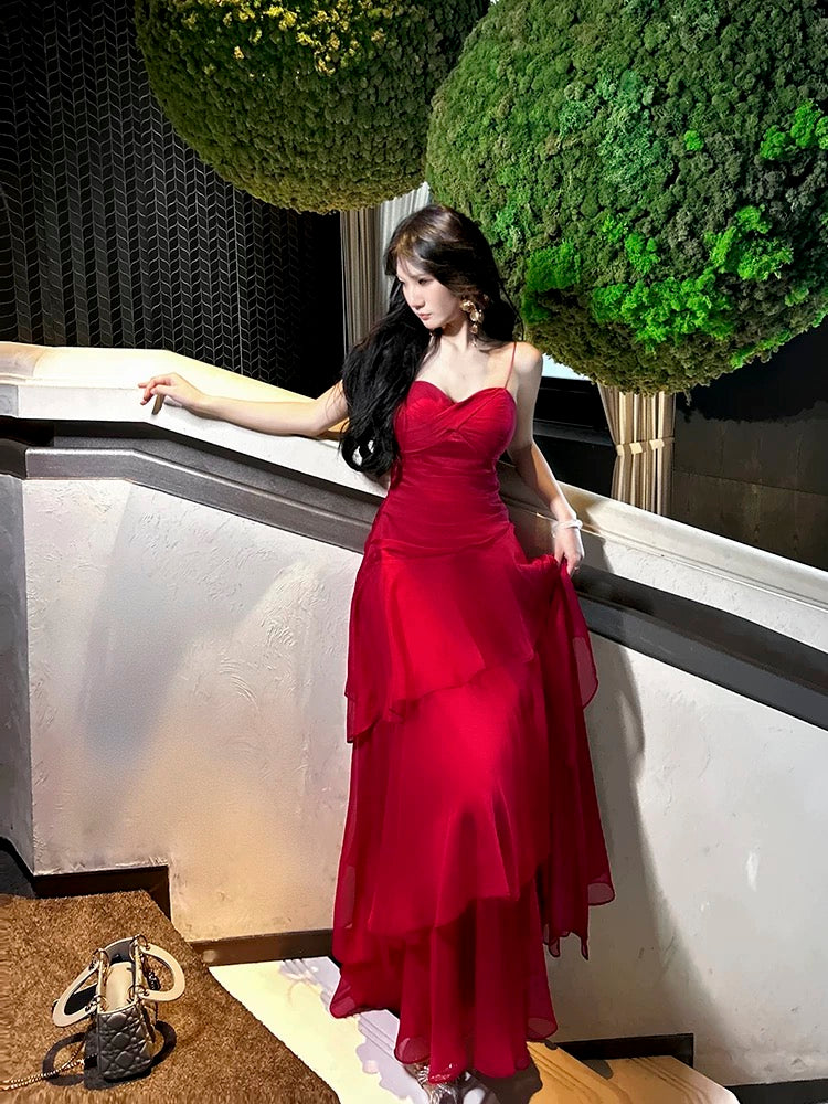 Pretty Sheath Spaghetti Straps Red Long Length Chiffon Prom Dresses Evening Gowns Birthday Dress P2353